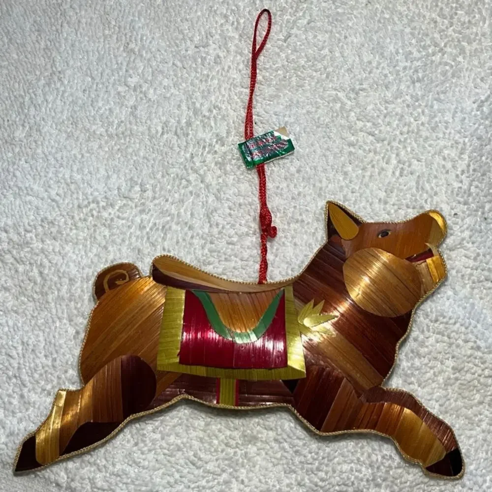 Rare Vintage Stuffed Pig Christmas Holiday Ornament Natural Leaves Material